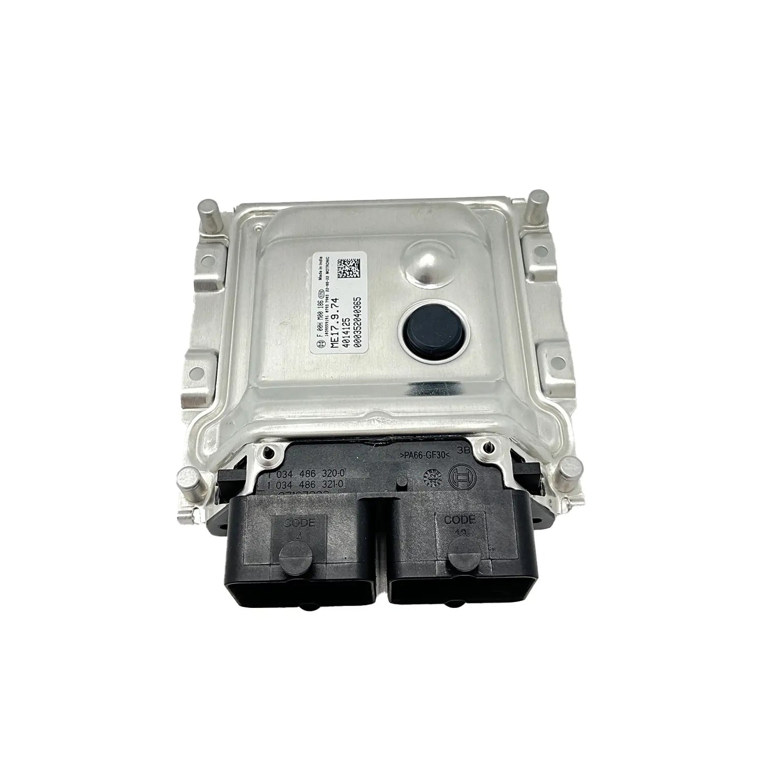 Silver rectangular motorcycle ECM module with black dual connectors and mounting brackets.
