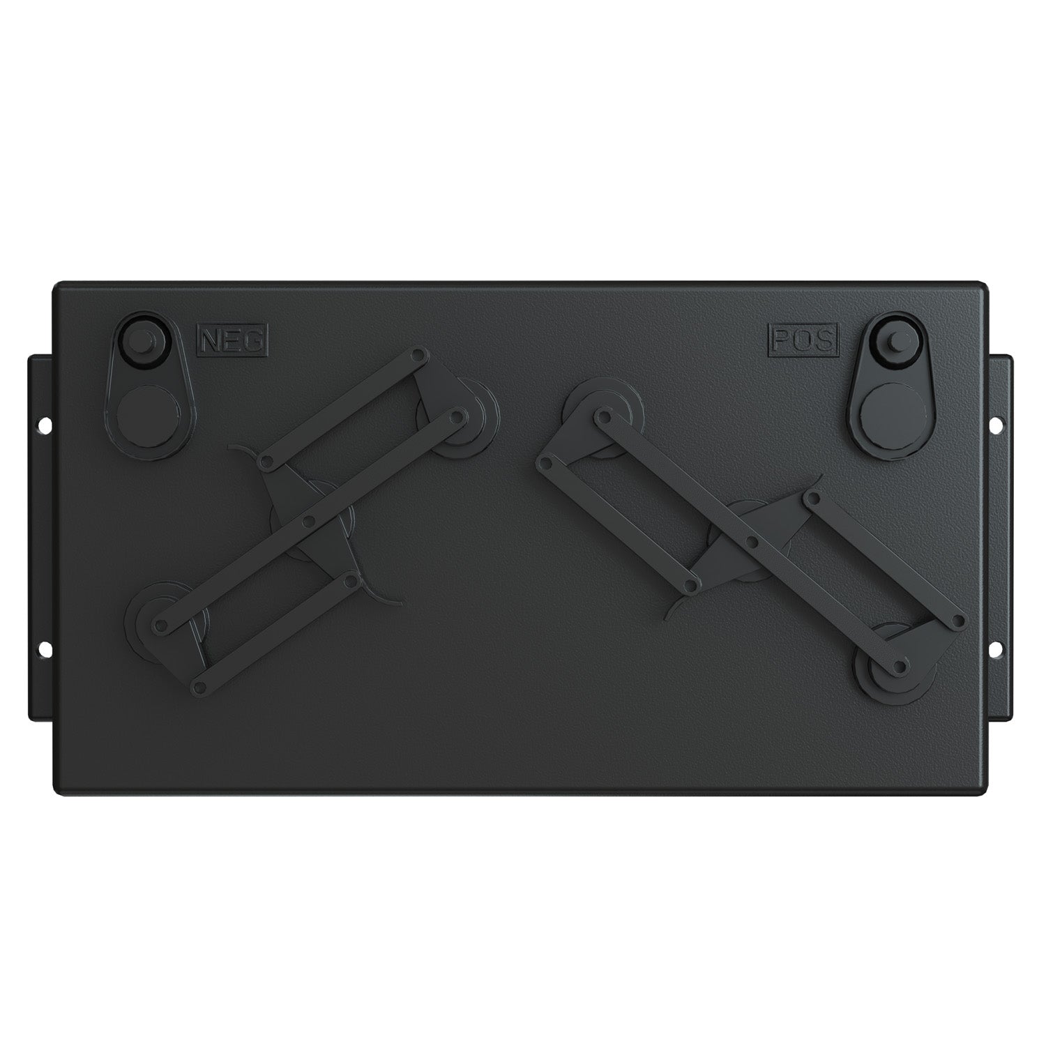 Black rectangular battery pack with molded mounting brackets and dual terminals on top.