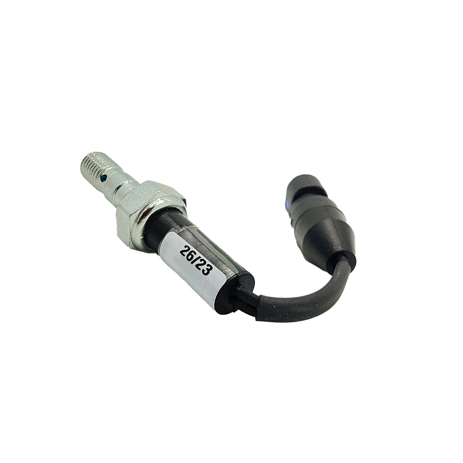 Metal sensor with hexagonal mounting base and black electrical connector attached by short cable.