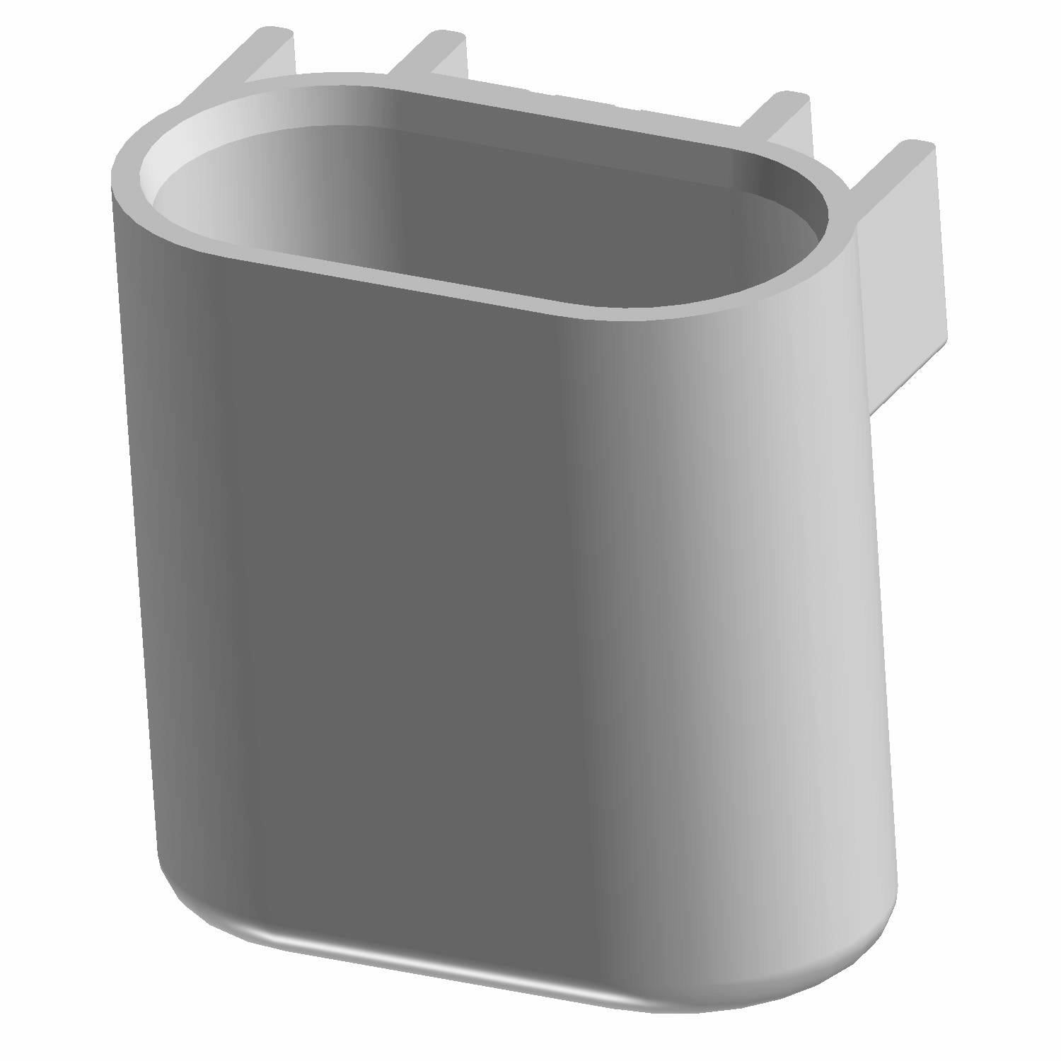 Gray plastic oval-shaped connector cap with clip-on side tabs and smooth surface.