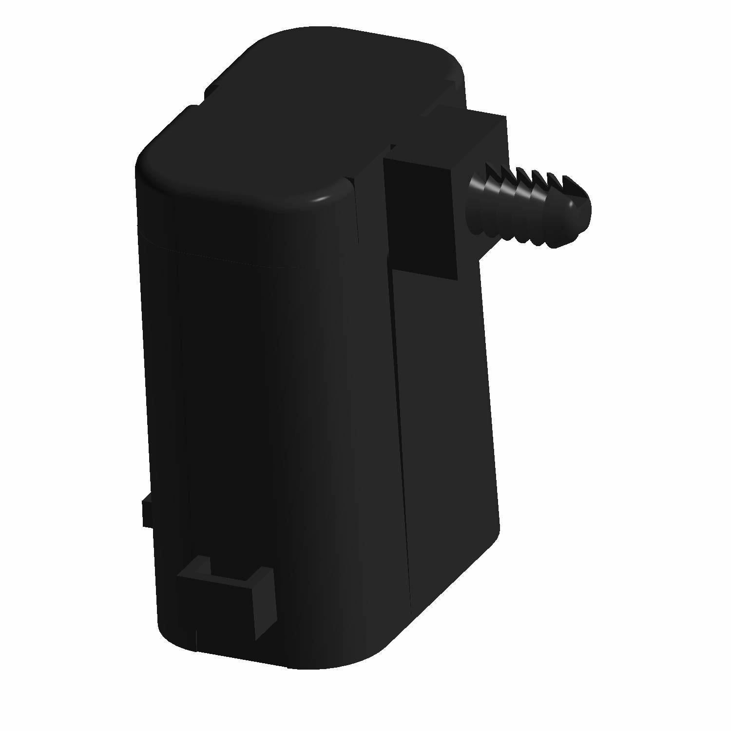 Black rectangular accessory relay harness cap with built-in clip and mounting screw hole.