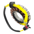 Circular stator coil with copper wire windings, metal core, integrated yellow wiring and black connector.