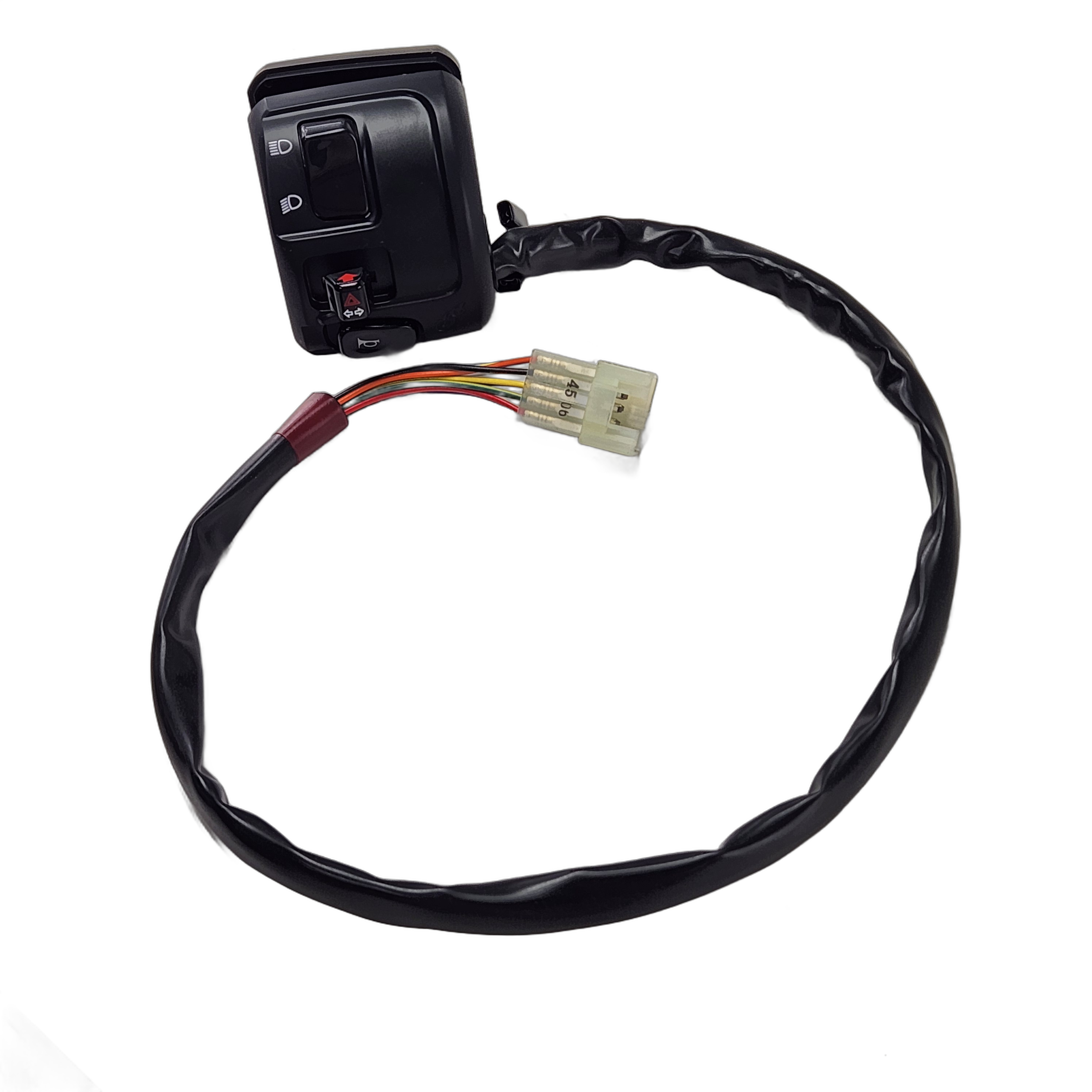 Cube Switch LH by Polaris motorcycle handlebar switch features buttons and wires ending in a multi-colored harness connector—compatible with Indian Motorcycle and Polaris models—shown against a white background.