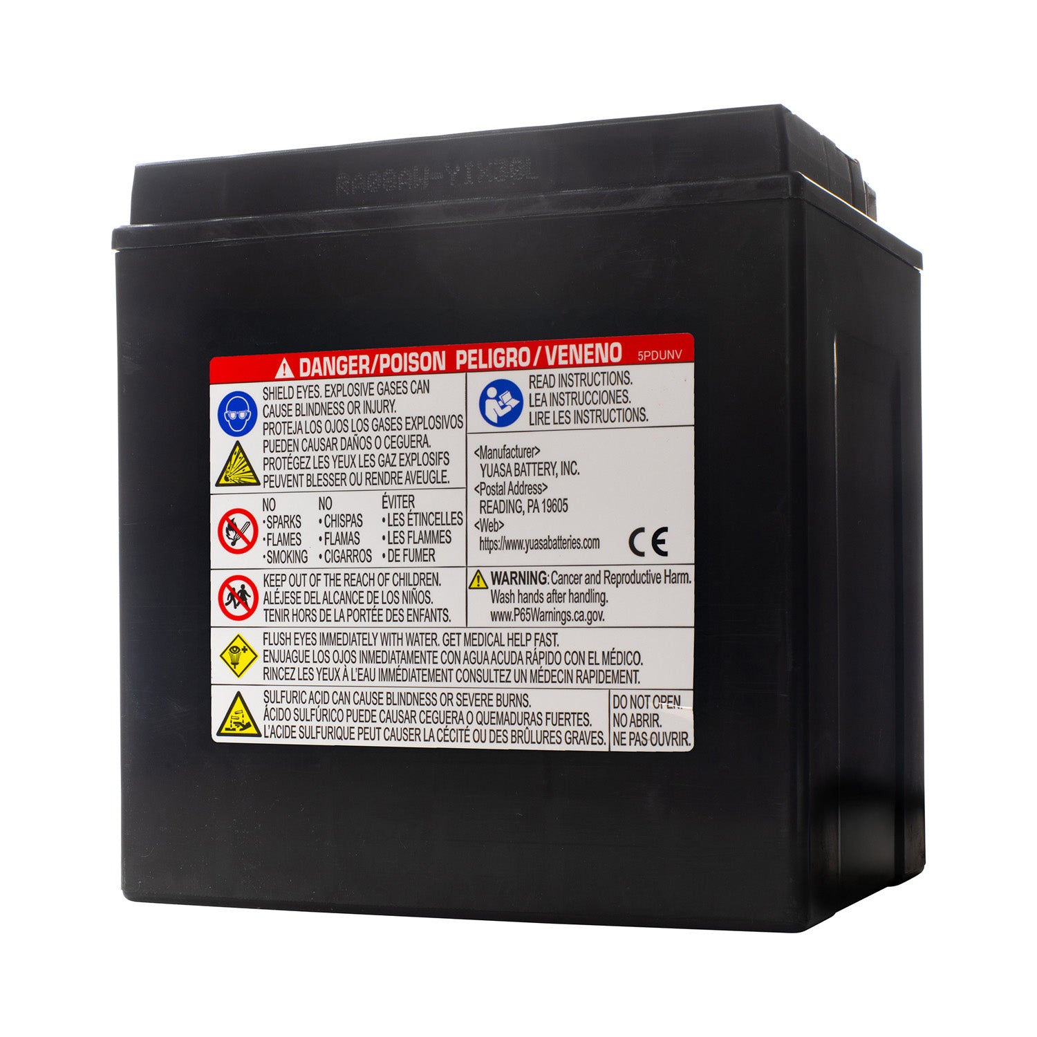 Black rectangular Polaris AGM battery with warning labels and safety icons on front side.
