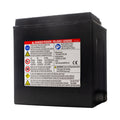 Black rectangular Polaris AGM battery with warning labels and safety icons on front side.