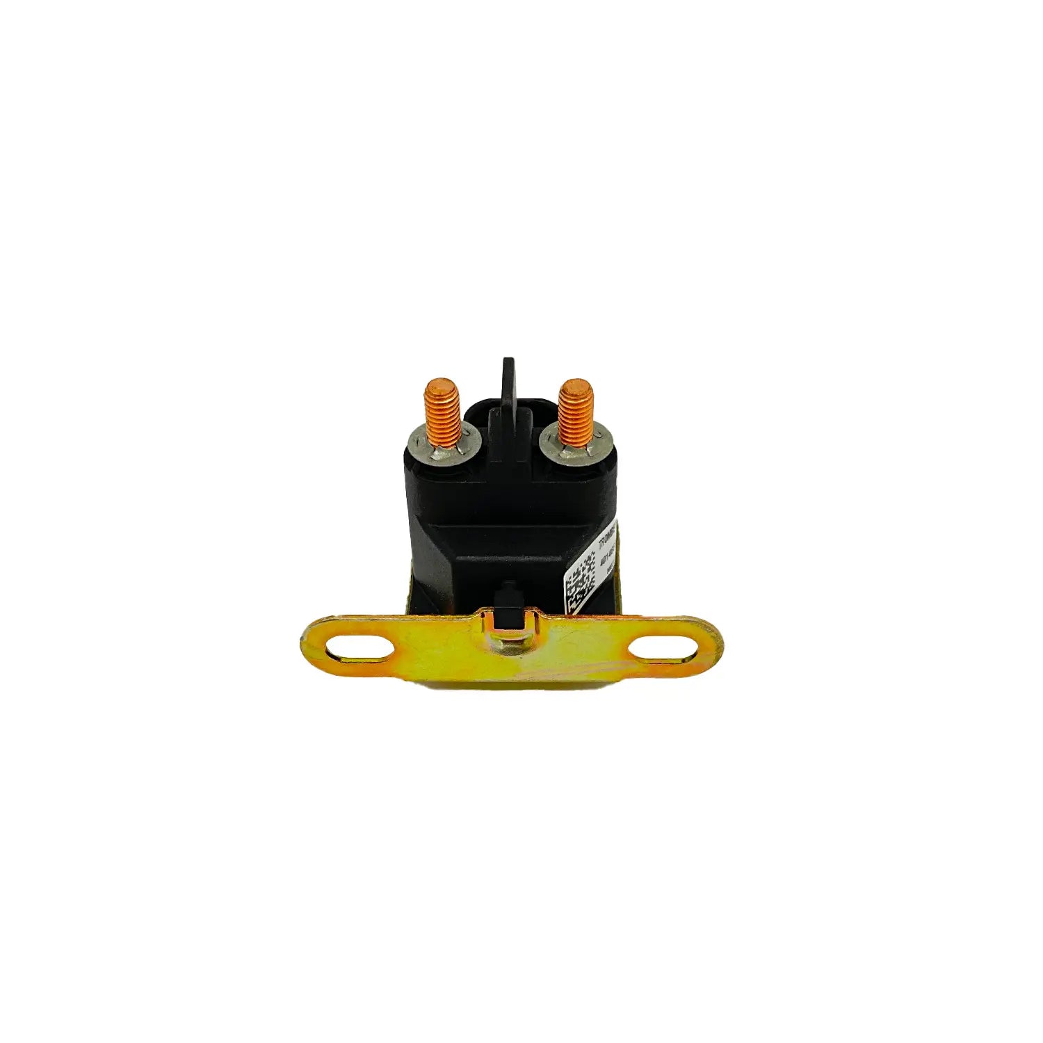 Black cylindrical starter solenoid with two copper terminals and a yellow metal mounting bracket.