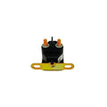 Black cylindrical starter solenoid with two copper terminals and a yellow metal mounting bracket.