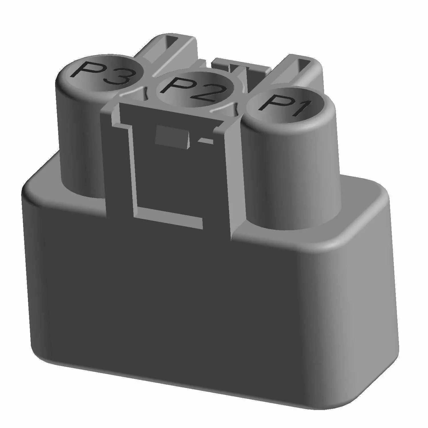 Gray rectangular electrical harness connector with three rounded terminals labeled P1, P2, and P3.