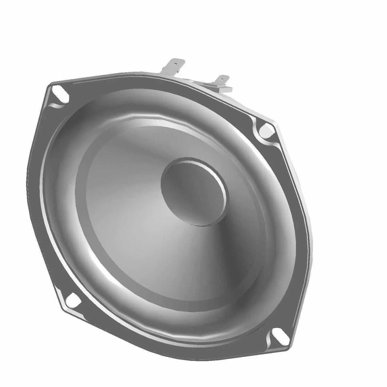 Round gray mid woofer speaker with metal frame and four mounting holes, 50W power.