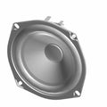Round gray mid woofer speaker with metal frame and four mounting holes, 50W power.
