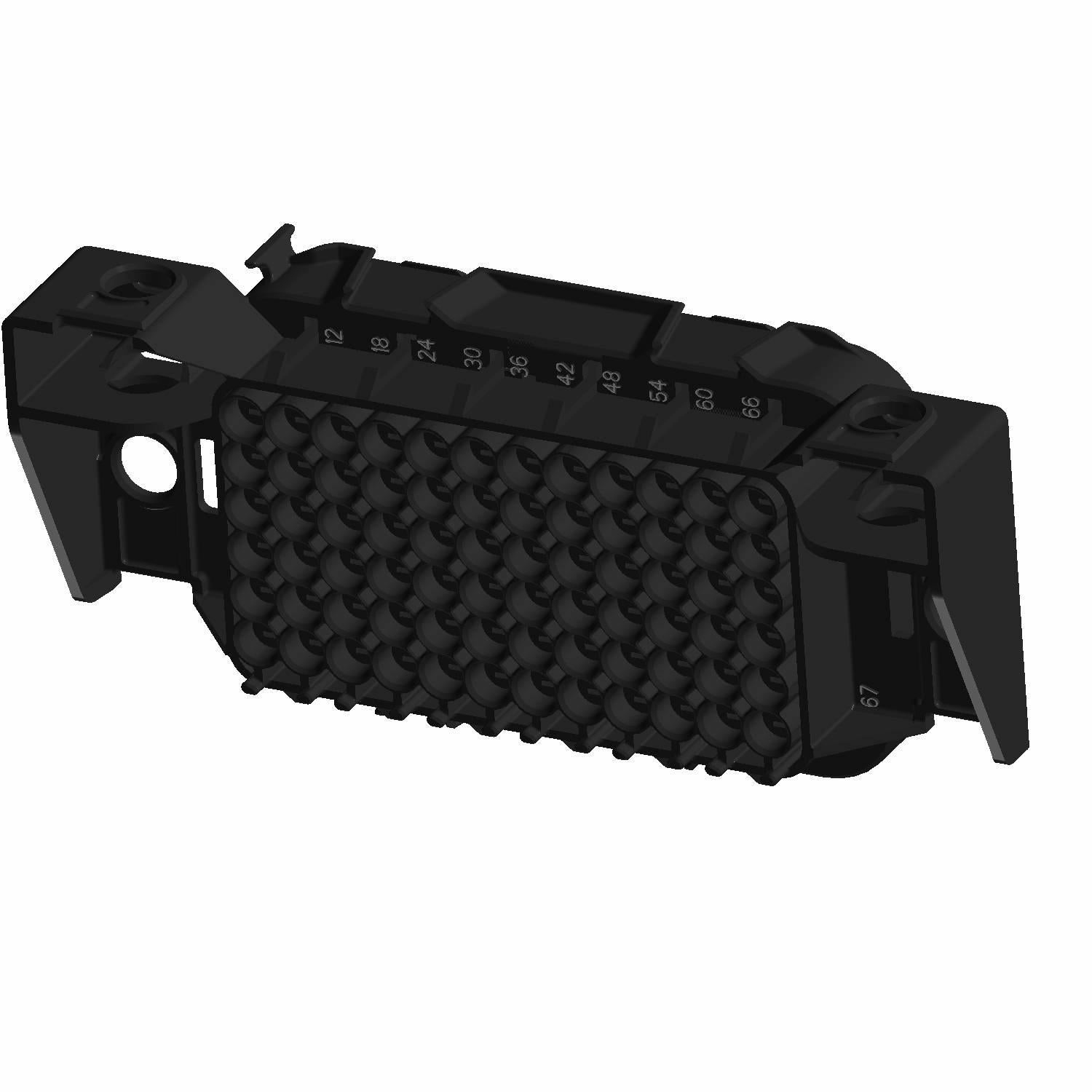 Black rectangular plastic fuse box base with textured grip surface and mounting holes on each end.
