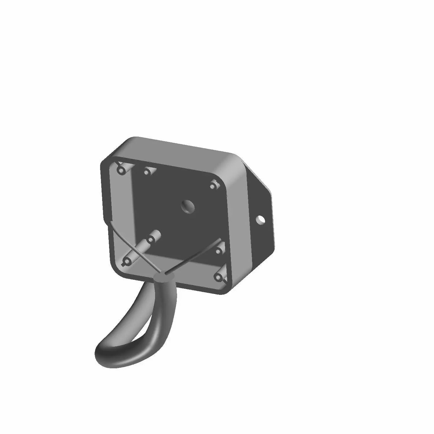 Black rectangular metal module with four corner screws and a downward curved metal hook attachment.