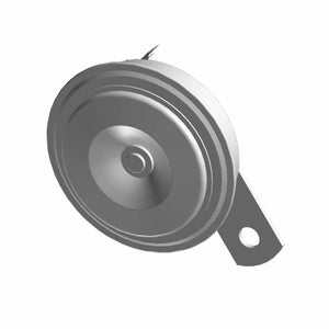 The Disk Horn 350Hz 76mm by Polaris is a round metallic vehicle horn with a mounting bracket, ideal as an OEM replacement part for your Indian motorcycle, shown against a plain white background.