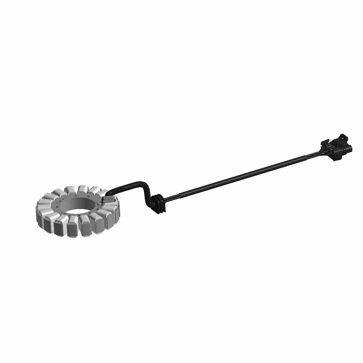 Silver metal stator coil with multiple laminations and an attached black wire harness for Polaris UTV part.