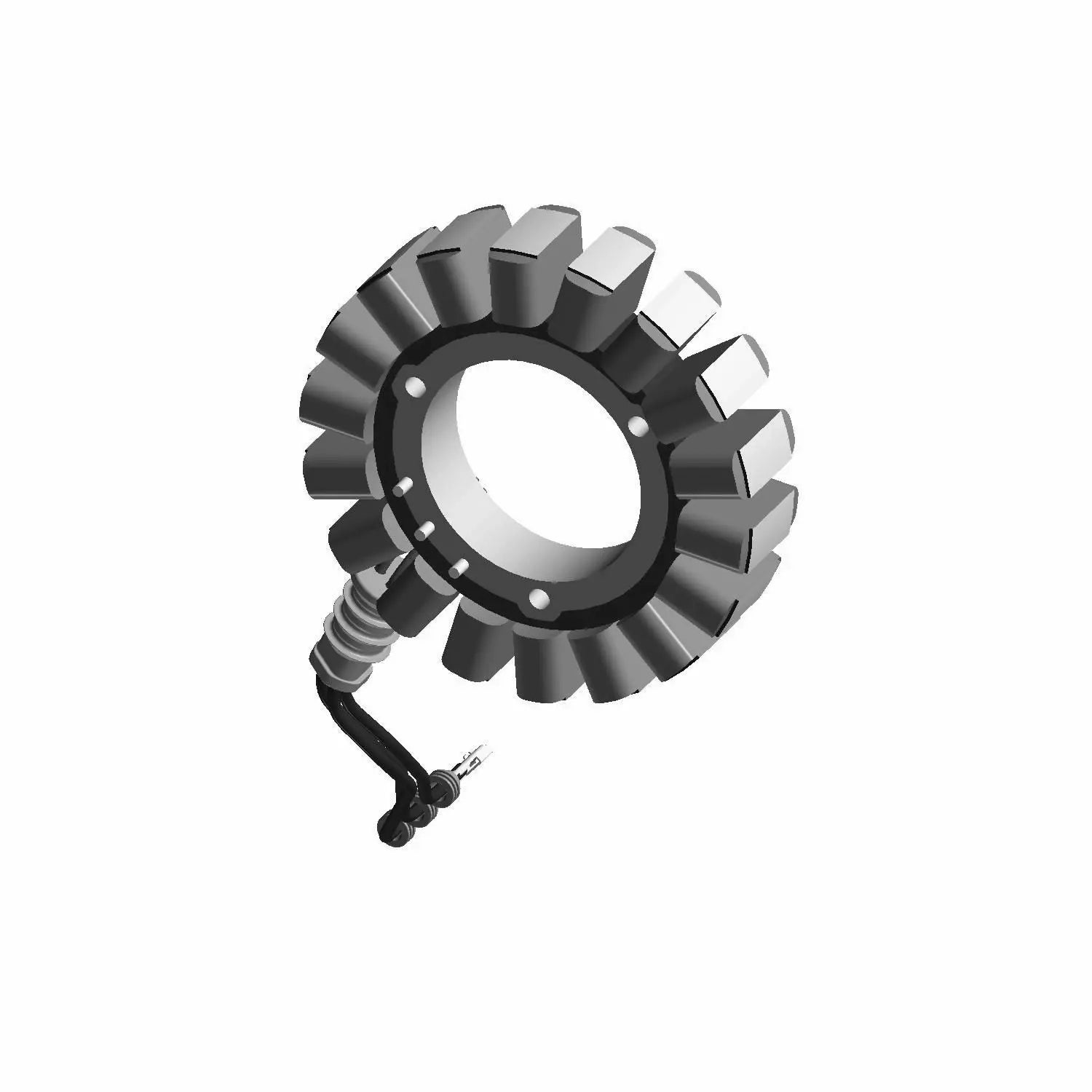 Black circular stator with evenly spaced curved metal fins and attached wiring connector.