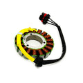 Round stator coil with copper wire windings, yellow insulation tape, and attached black cable with red and black connector.
