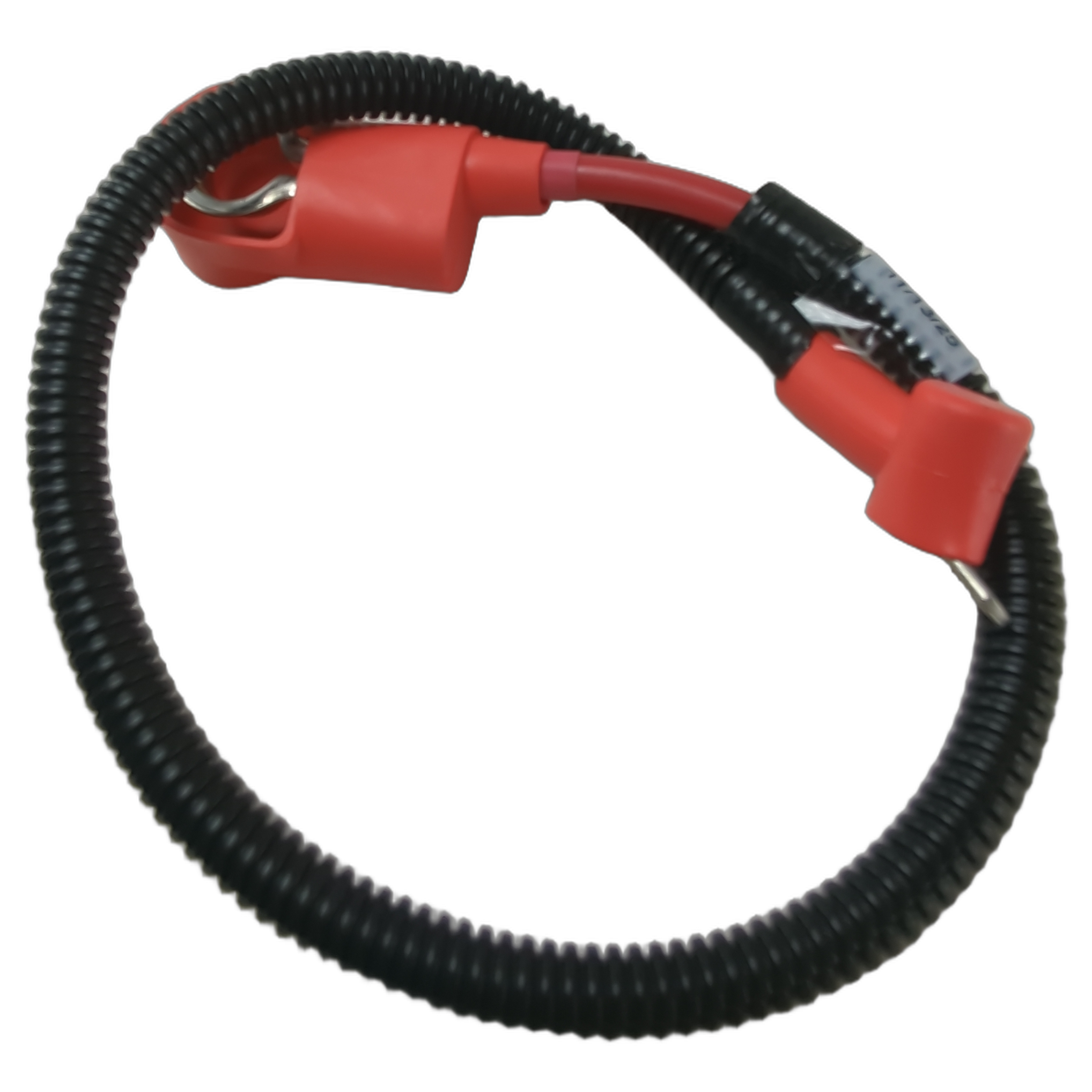 Red and black battery to solenoid cable with protective black corrugated sleeve and metal terminal connectors.