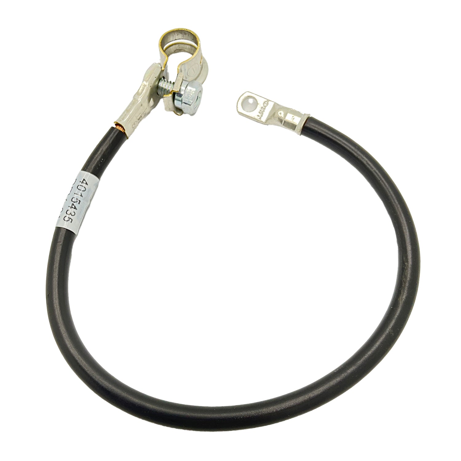 Black insulated battery to ground cable with metal ring terminal and clamp connector ends.