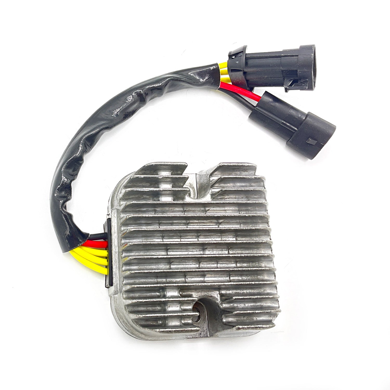 Silver metal voltage regulator with cooling fins and black wire harness featuring yellow, red, and black wires with two.