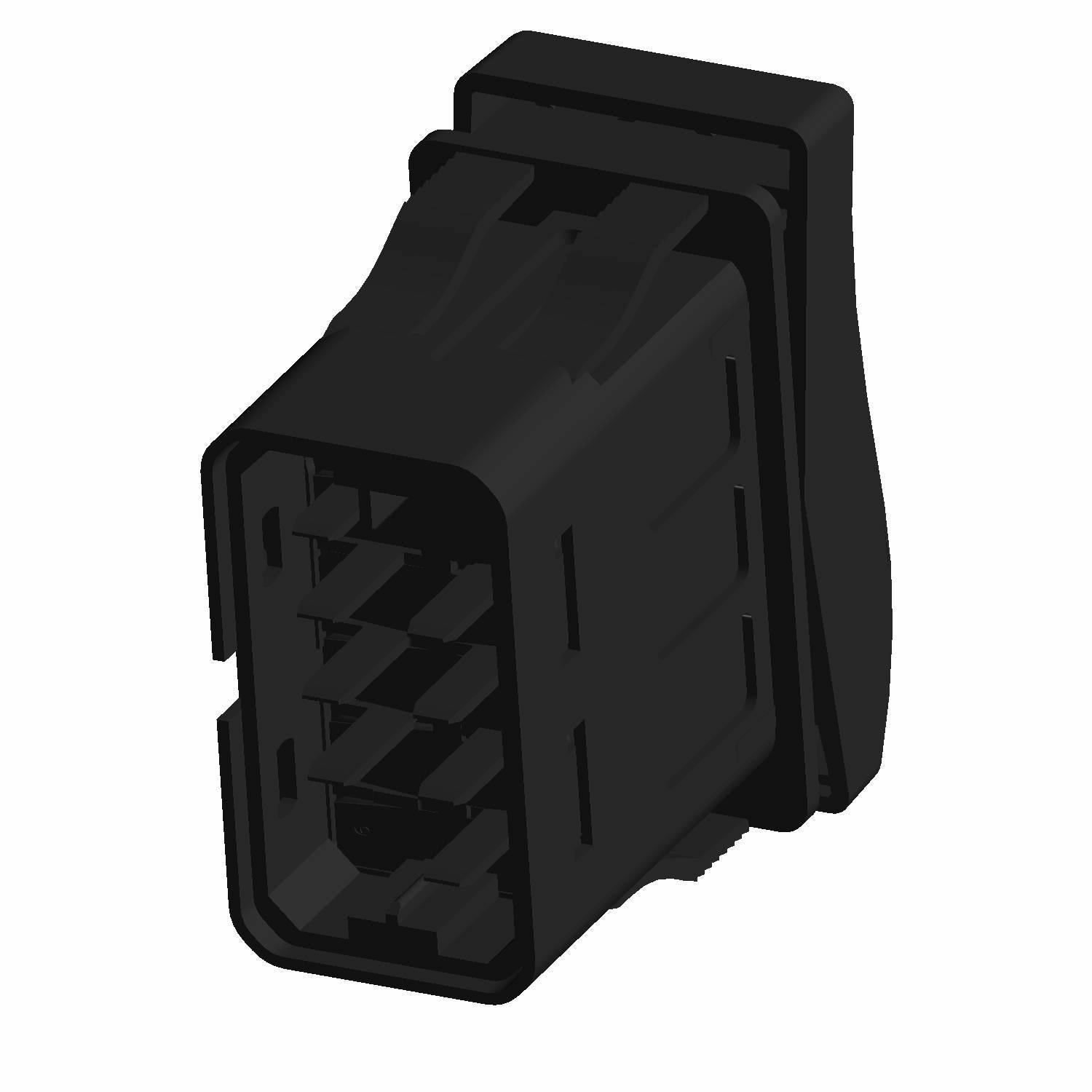 Black rectangular automotive hazard switch with multiple connection pins and a slightly curved top button.