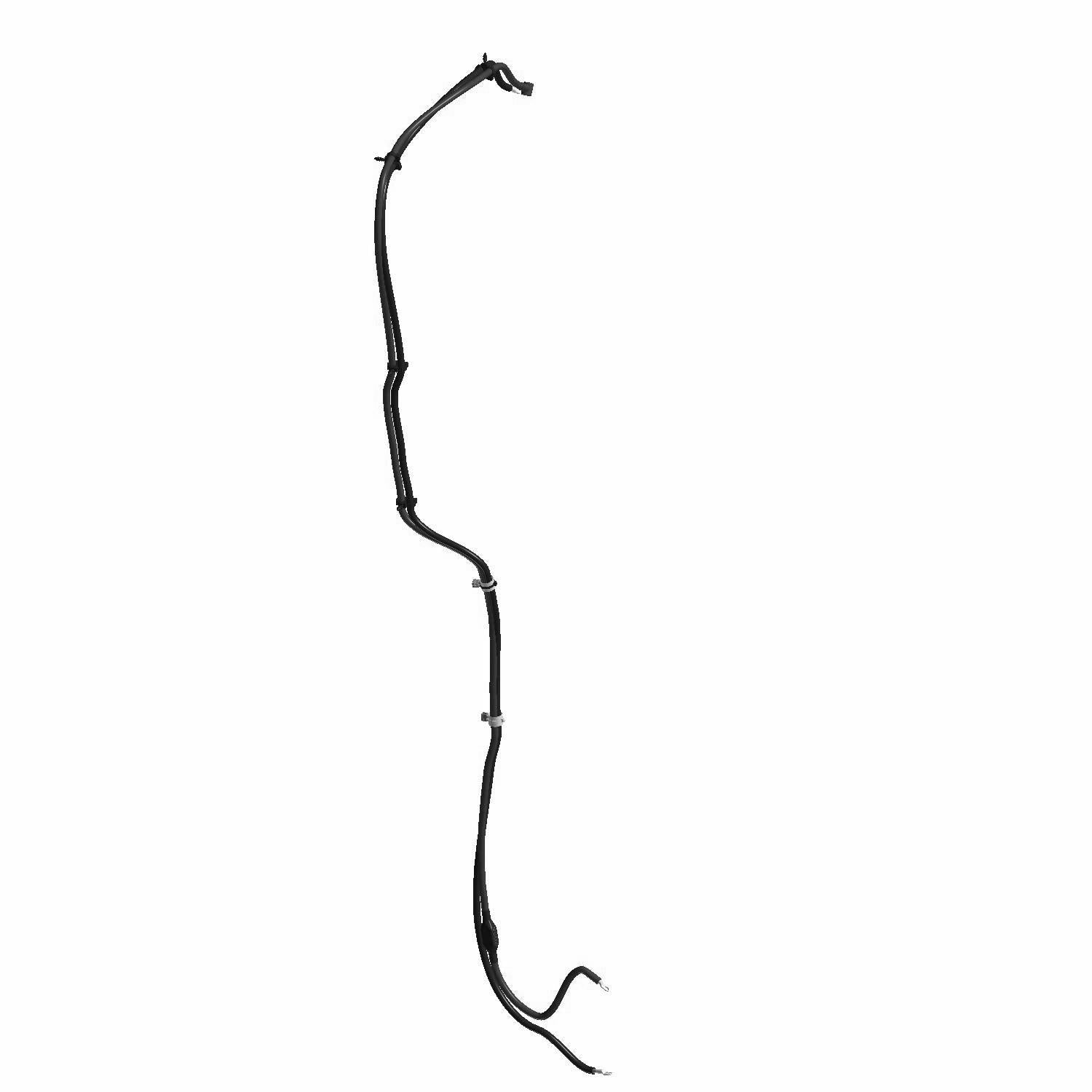Black flexible battery cable with terminal connectors and multiple bends for offroad vehicle use.