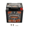 Black rectangular sealed 12V 32Ah Yuasa GYZ32HL battery with red positive terminal and two mounting bolts.