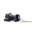 Matte silver 4-position key switch with attached black key and metal keyring.
