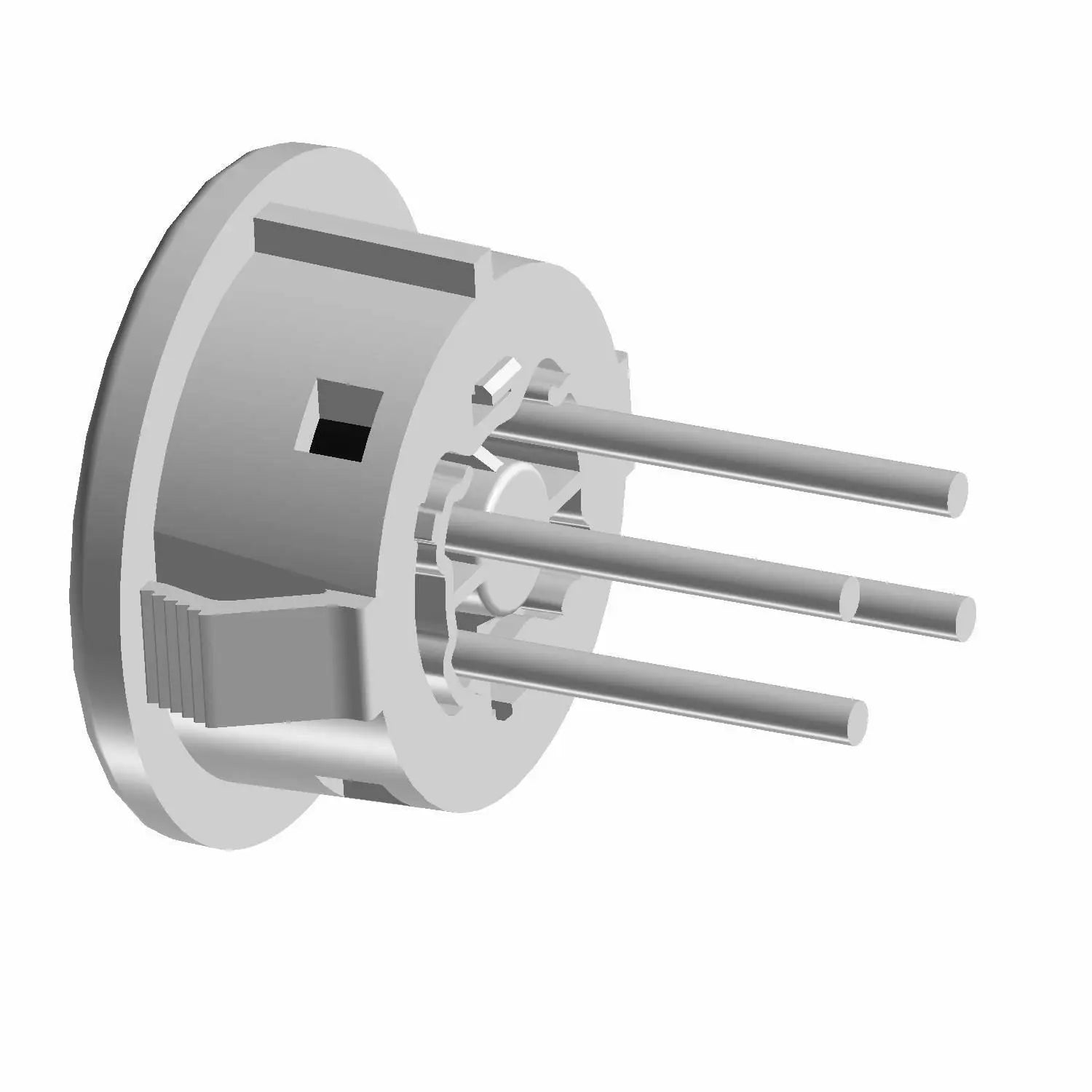 Gray circular fog light switch component with three long metal prongs and detailed plastic housing.