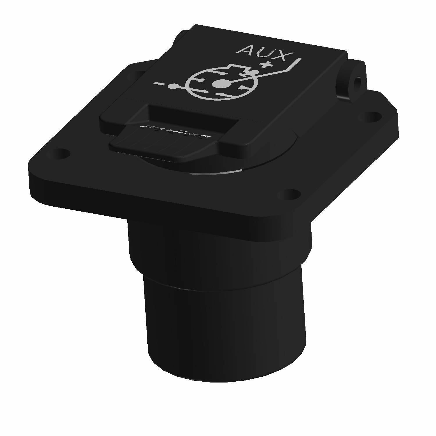 Black rectangular socket switch with hinged cover labeled "AUX" and four-pin electrical connector for Polaris Ranger UTV.