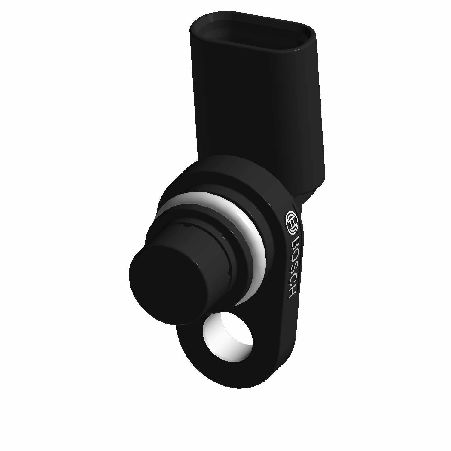 Black cylindrical Polaris Sensor Phase with a mounting hole and rectangular connector plug.