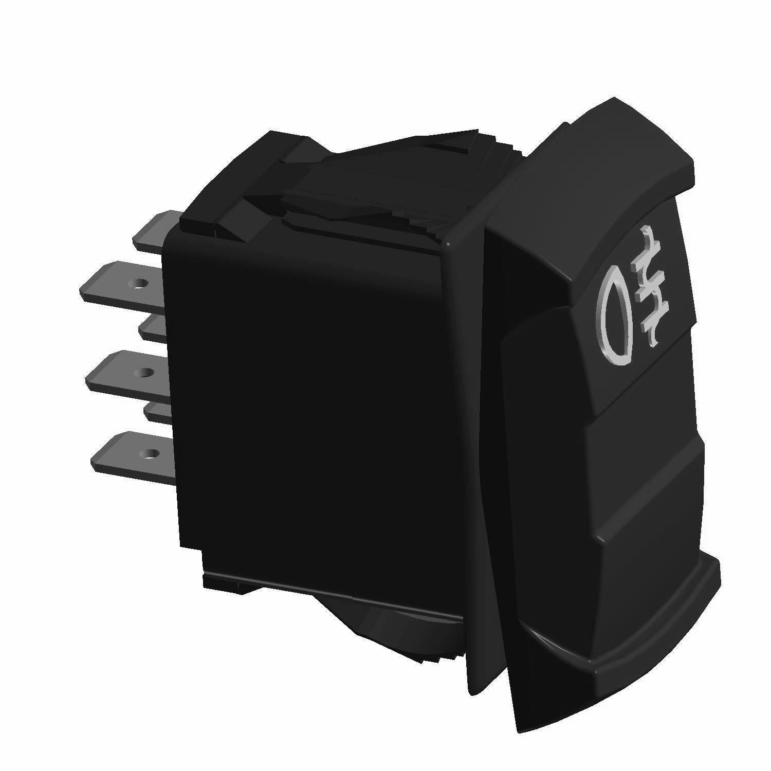 Black rectangular rocker switch with white fog light symbol and metal prongs on the back.
