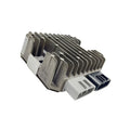 Gray metal voltage rectifier regulator with finned heat sink and white and black electrical connectors.
