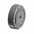Gray metal motorcycle flywheel with circular holes and smooth rounded edges.