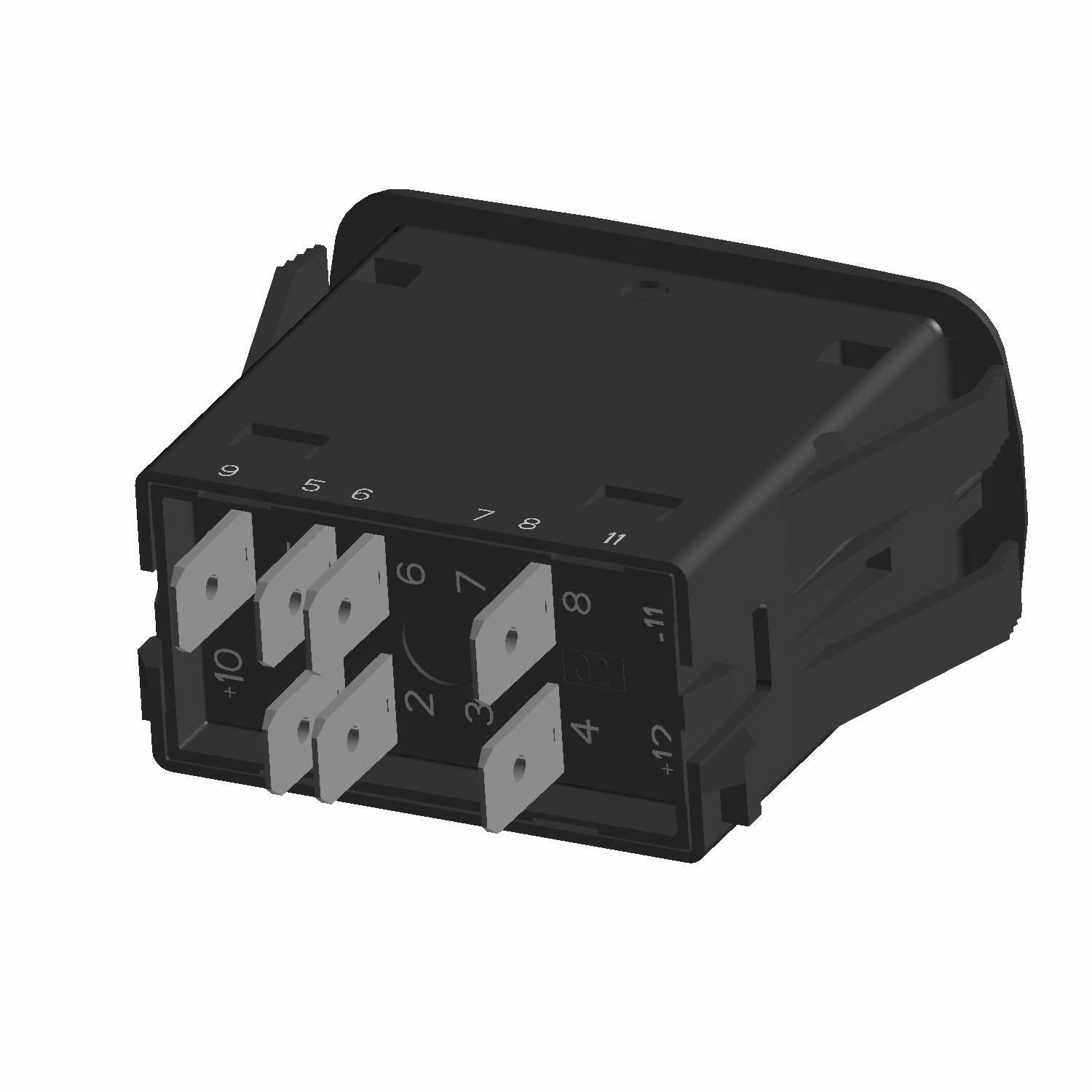 Black rectangular AWD switch with six metal prongs and labeled connection points.