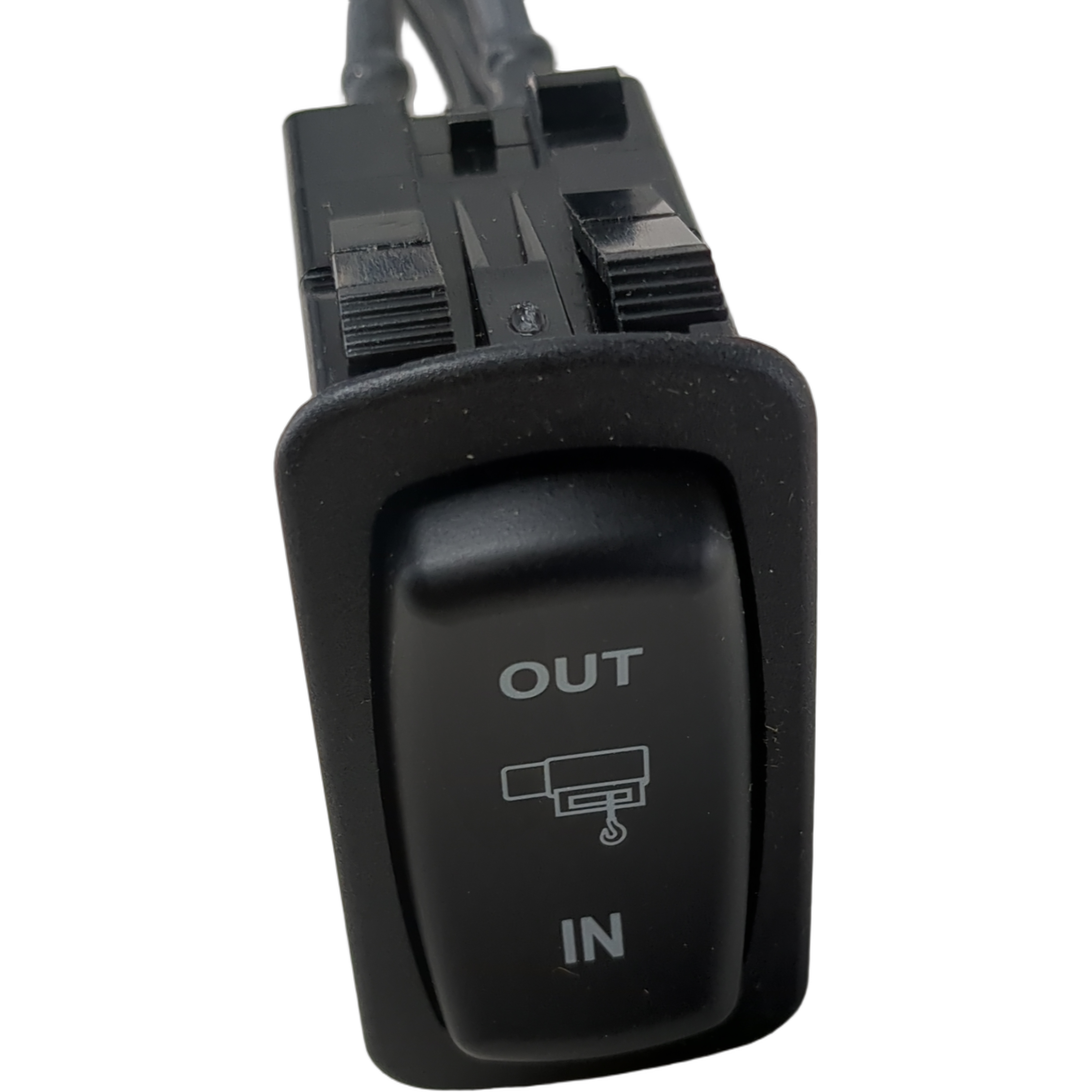 Black rectangular Polaris winch rocker switch with OUT and IN labels, winch icon, and wiring connector.