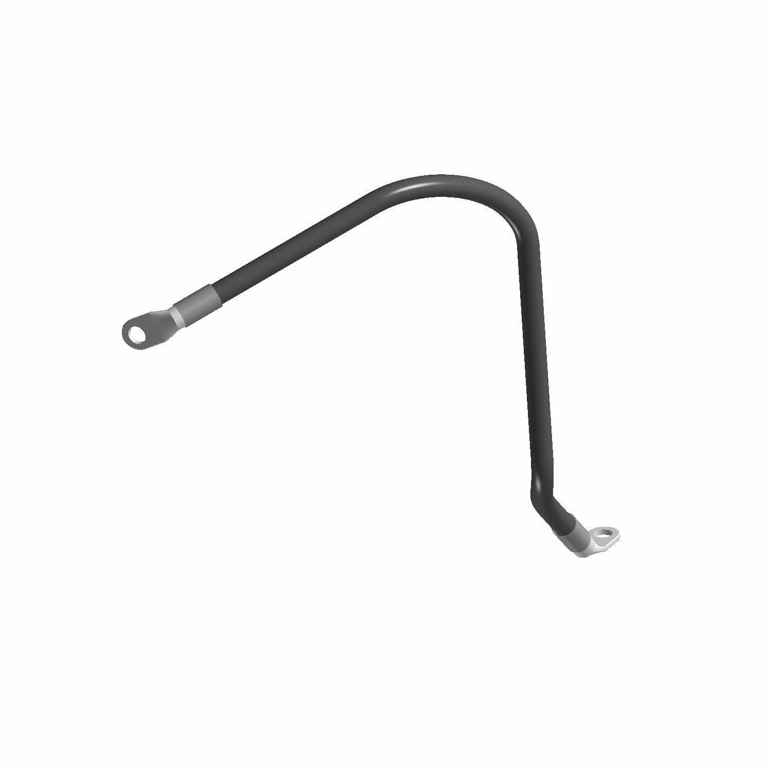 Black insulated battery cable with metal eyelet terminals on both ends with one end bent at a right angle.