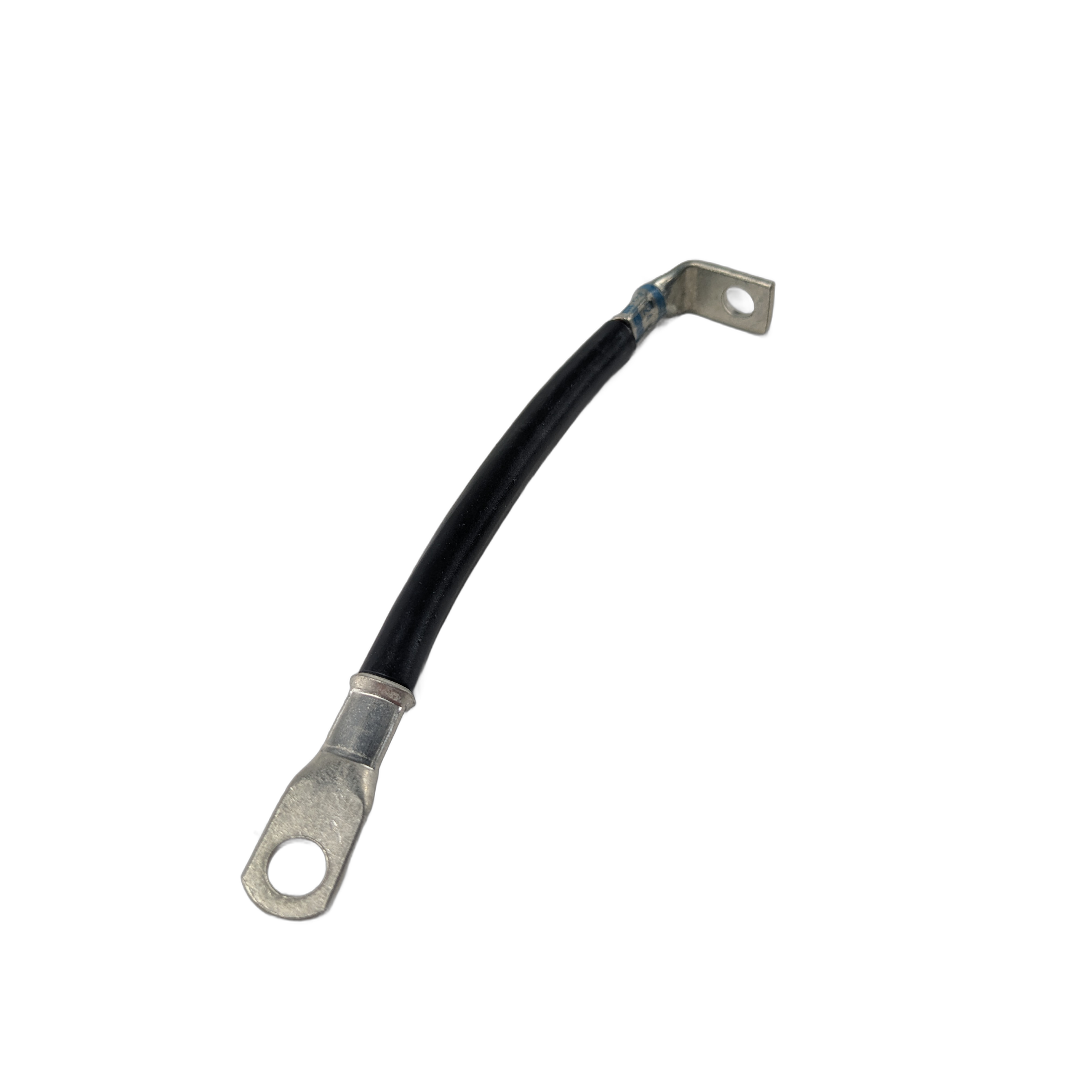 Black insulated battery ground cable with metal ring terminals on both ends.
