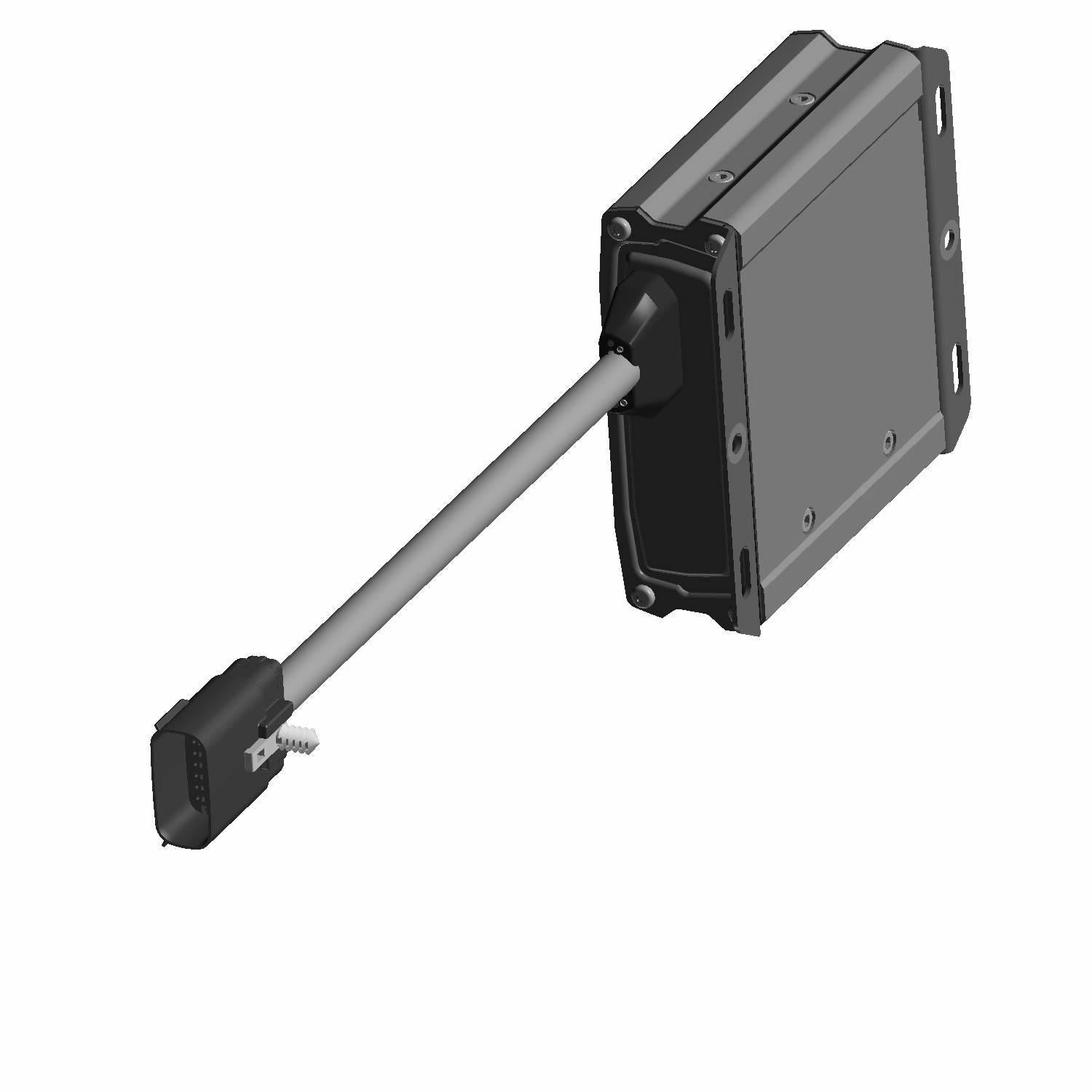 Black rectangular audio amplifier unit with metal mounting bracket and attached wiring harness for Polaris vehicles.