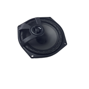 A single black round Speaker-5.25" Base Amp by Polaris, featuring a central tweeter and hexagonal mounting frame, compatible with Indian motorcycle OEM parts, shown on a white background.