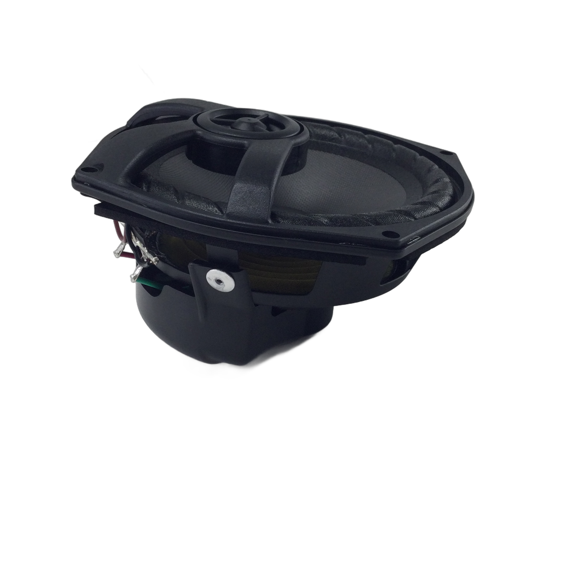 A black oval car speaker, compatible with Speaker-5.25" Base Amp by Polaris and OEM Indian Polaris parts, features visible wiring and mounting brackets, shown against a plain white background.