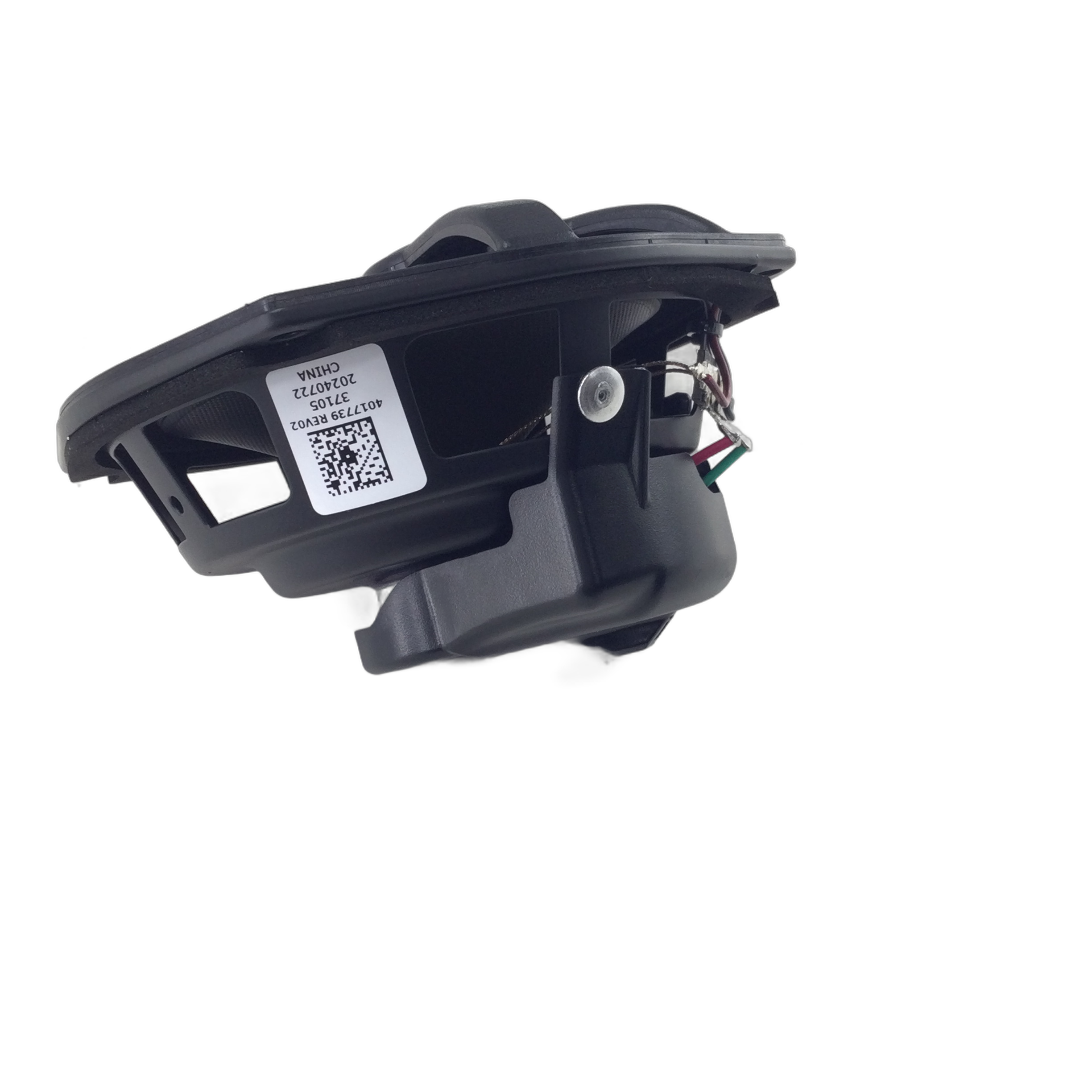 A black plastic Speaker-5.25" Base Amp by Polaris, featuring a barcode label, wiring, and connector, is photographed on a white background.