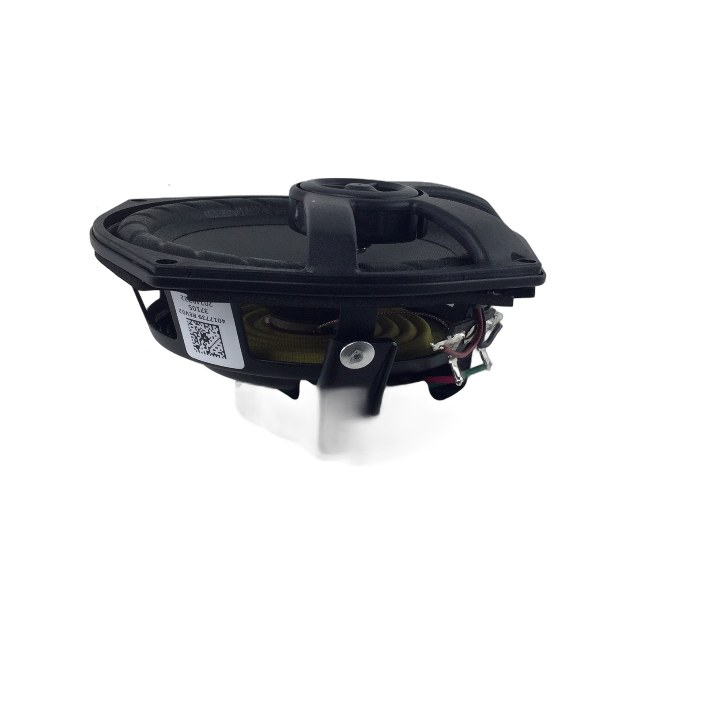 The Speaker-5.25" Base Amp by Polaris is a black, oval car speaker with exposed wiring and QR code label—perfect for OEM Indian Polaris parts or upgrading your Indian motorcycle audio. Photographed on a white background.