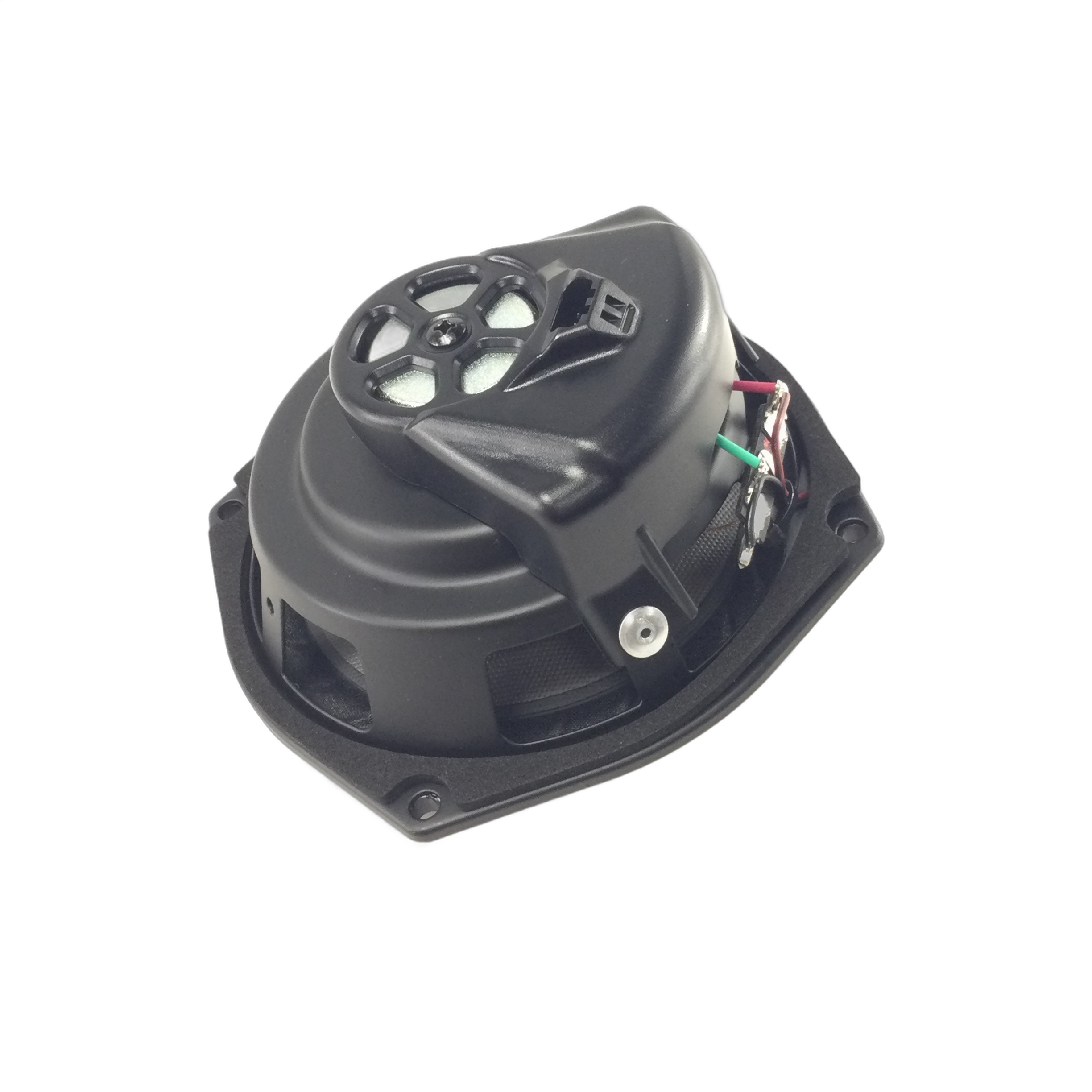 The Speaker-5.25" Base Amp by Polaris is a black car audio speaker with visible wiring and a protective cover, shown on a white background. Perfect for OEM Indian Polaris parts or upgrading your Indian motorcycle’s audio system.