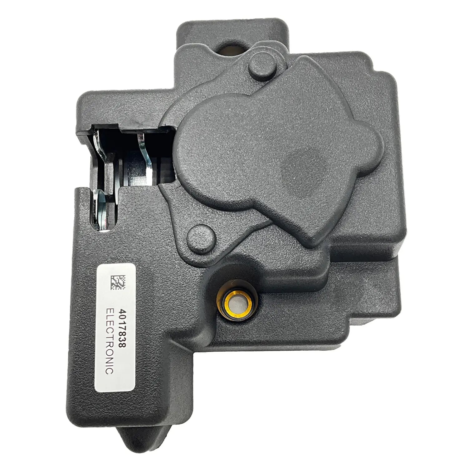 Matte black electric saddlebag lock with rounded edges and integrated mounting points.
