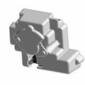 Gray molded plastic motorcycle saddlebag manual lock with angular design and mounting features.