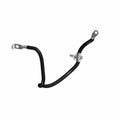 Black battery to ground cable with metal ring terminals and a mounting bracket in the middle.