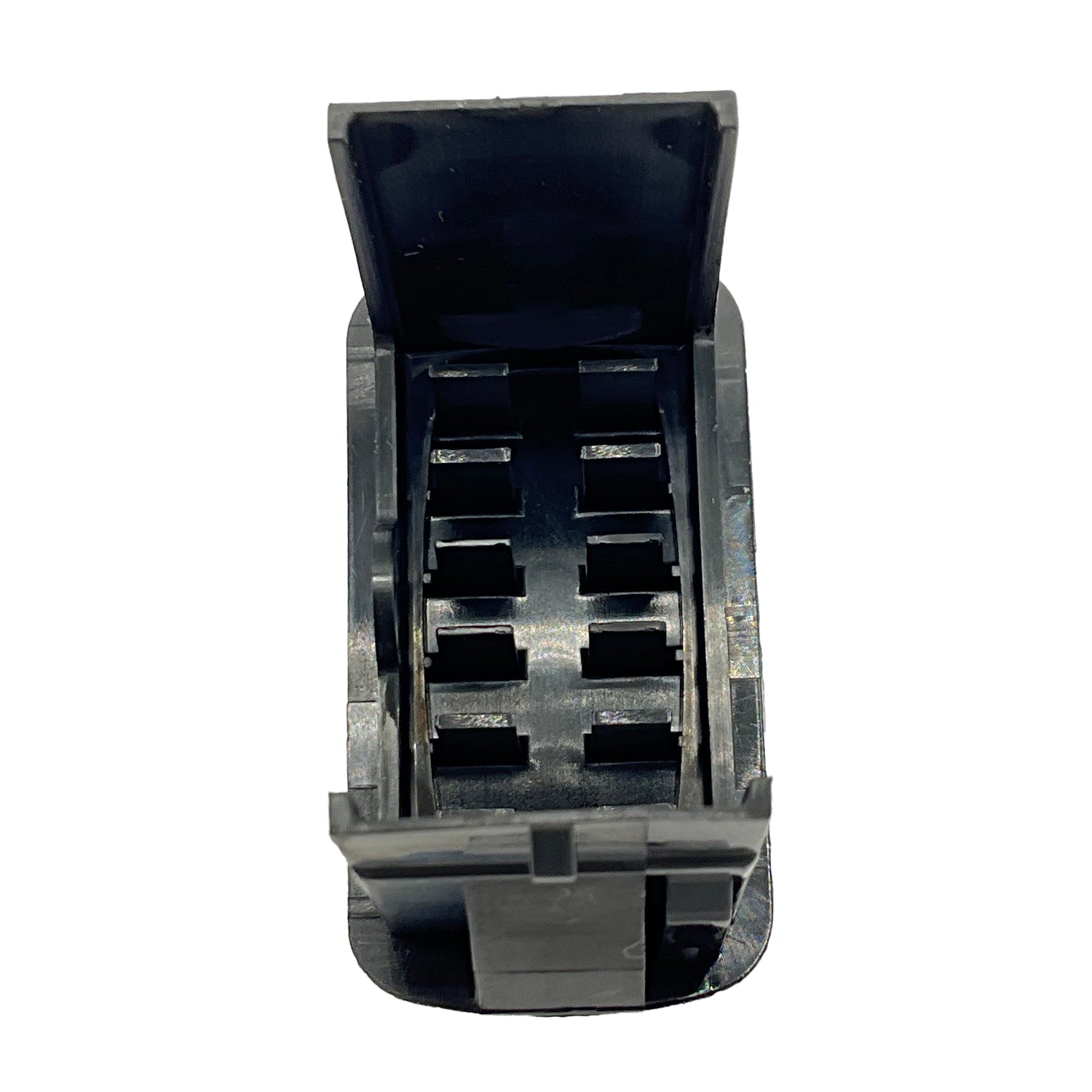 Black rectangular plug switch blank with hinged cover and several small slots inside.