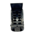 Black rectangular plug switch blank with hinged cover and several small slots inside.