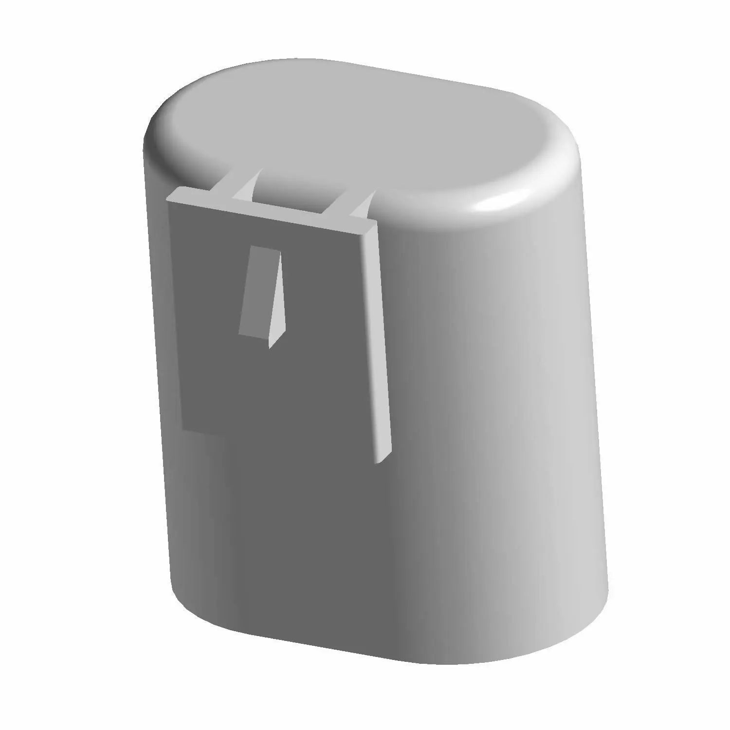 Light gray smooth plastic cover with a rounded top and small rectangular tab on one side.