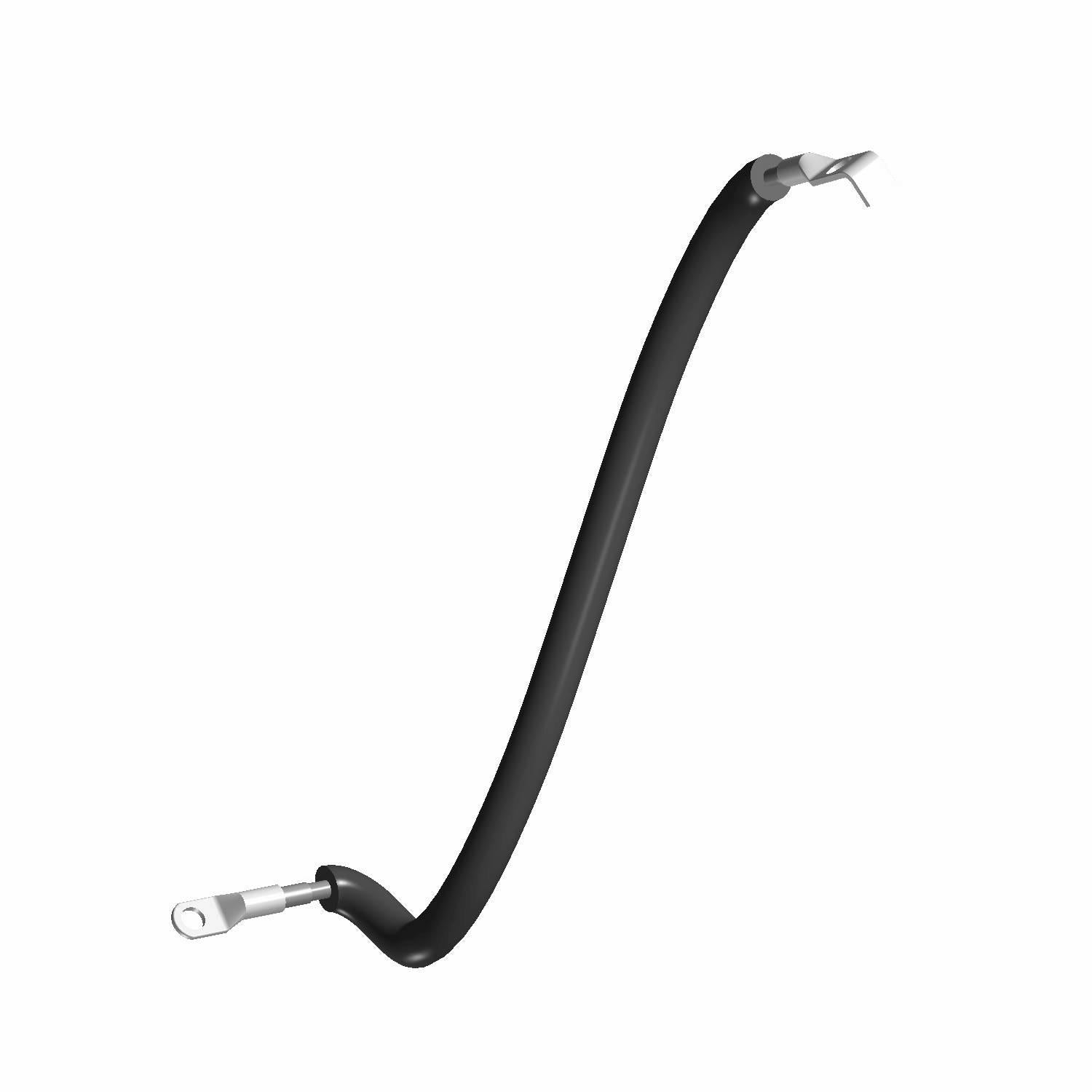 Black insulated ground cable with metal ring terminals on each end.